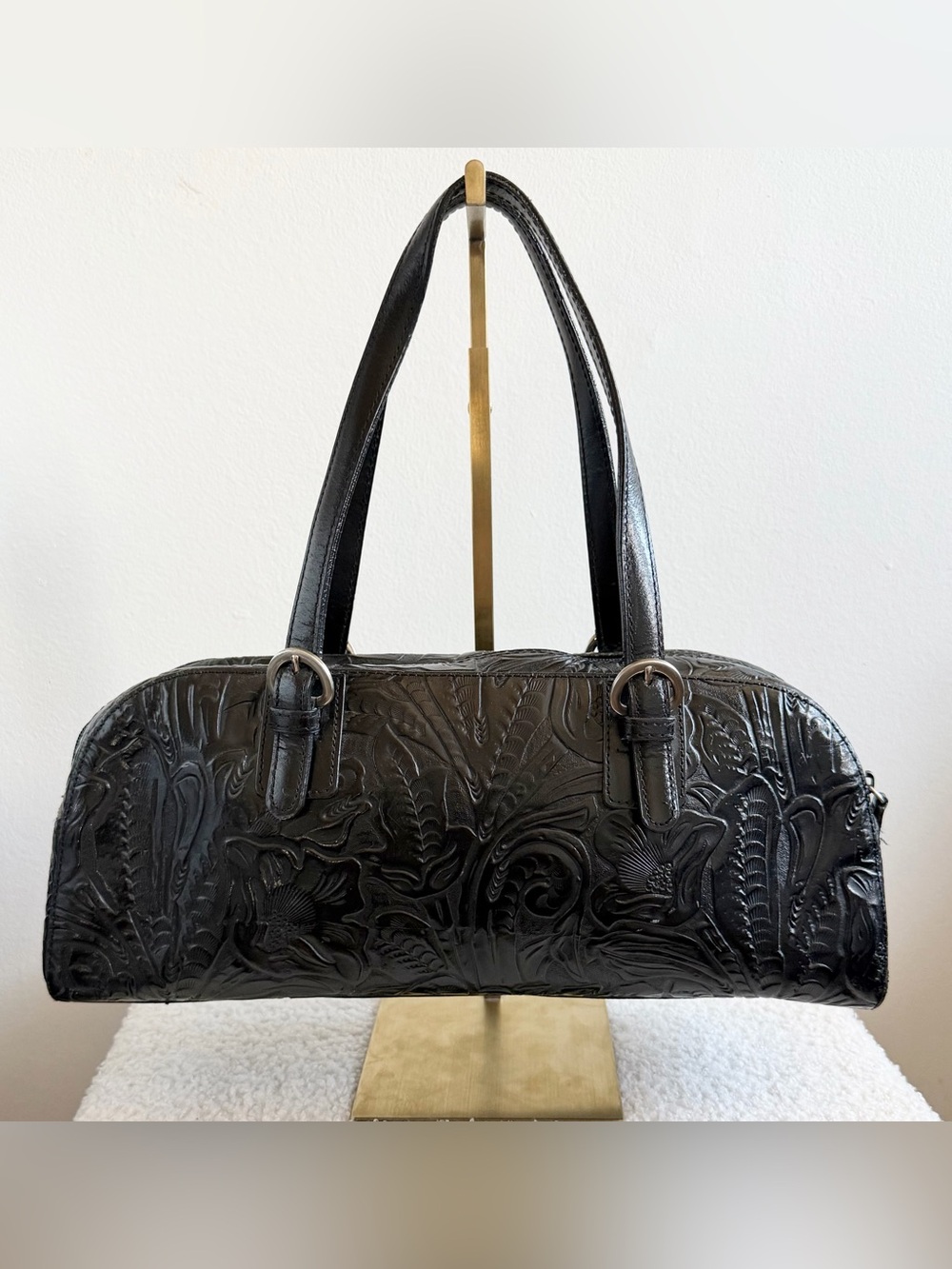 Vintage Floral Tooled Leather East West Shoulder Bag Black